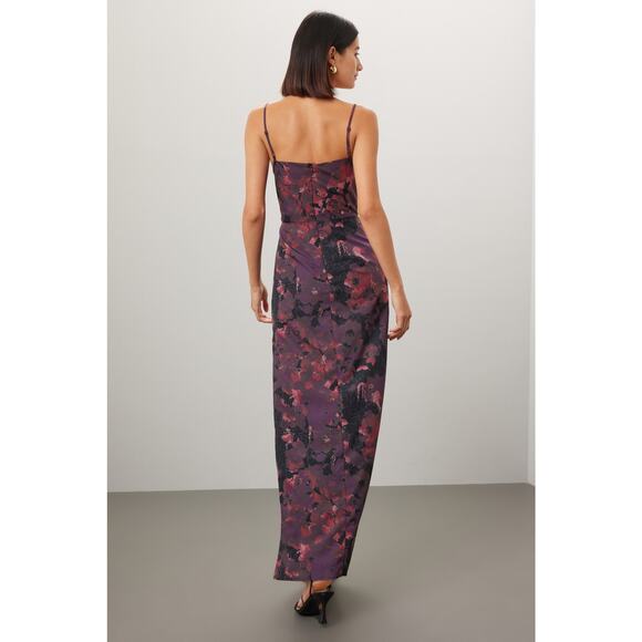 SLATE & WILLOW Red Purple Ruched Floral Side Slit Scoop Neck Dress size 0 - Picture 2 of 16